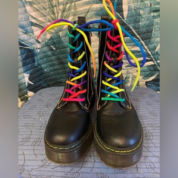 Union Bay black faux leather with rainbow stitching platform combat boots 7.5 - Picture 2 of 7